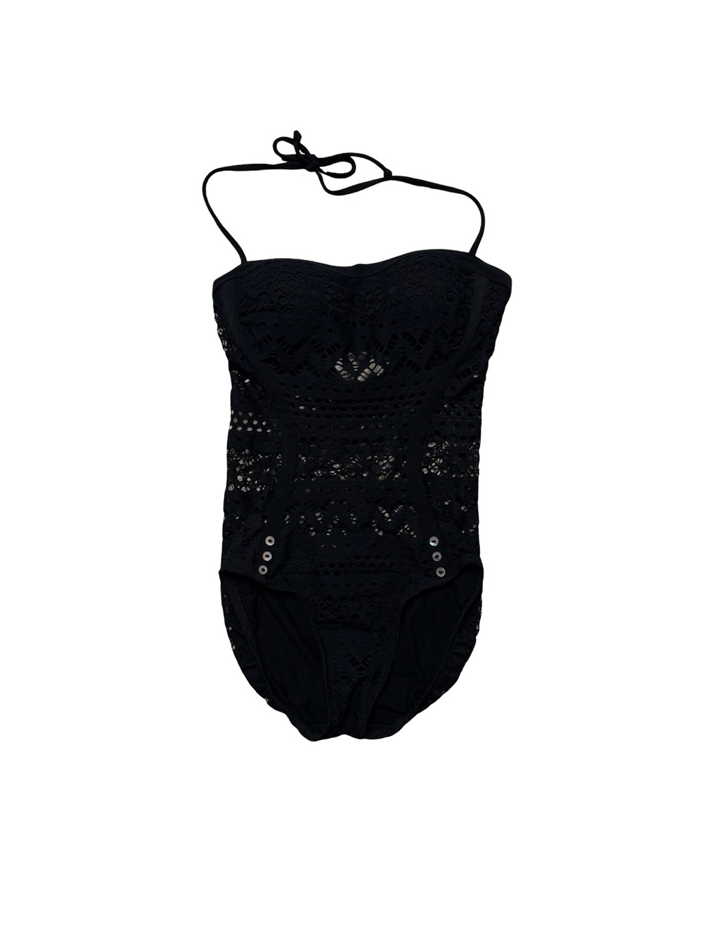 Robin Piccone Chic Black Perla Crochet Lace Halter One Piece Swimsuit Size Small - Picture 2 of 7